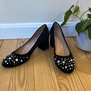 Nikki Hilton and French Sole Black Suede block Heels with pearls.